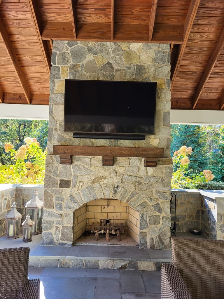 Stone Fireplace & Timber Mantel