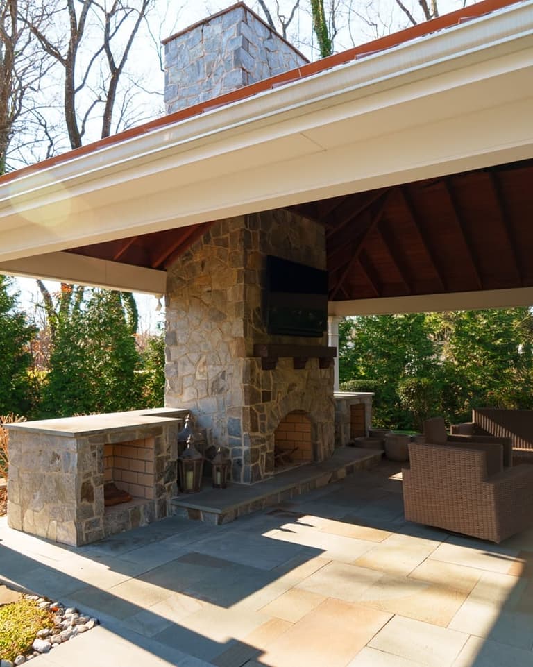Pavilion w/ Outdoor Fireplace and Stone Patio